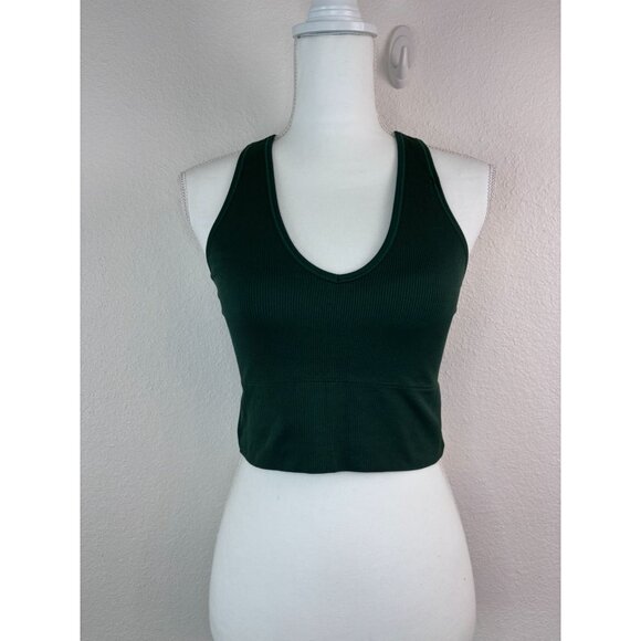 Athleta women's medium hunter green ribbed v-neck cropped sports bra crop top - Picture 2 of 5